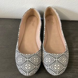 Women’s ballet flats, Mix No. 6. Size 8.5 White with black pattern.